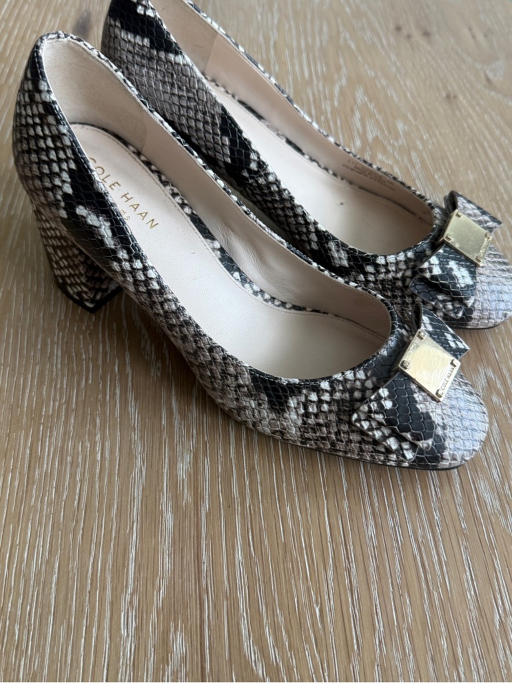 Cole Haan Black and White Snake-Print Block Heel Pumps with Gold Accent